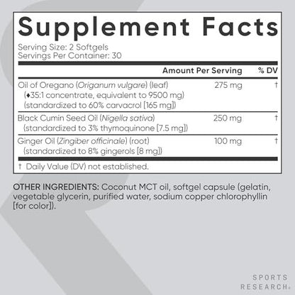 Sports Research® Oreganoöl 9500 mg mit Schwarzkümmelöl & Kokos-MCT-Öl - Antioxidantien-Kombination mit Thymochinon & Carvacrol - Glutenfrei · Nicht-GVO - 60 Softgels