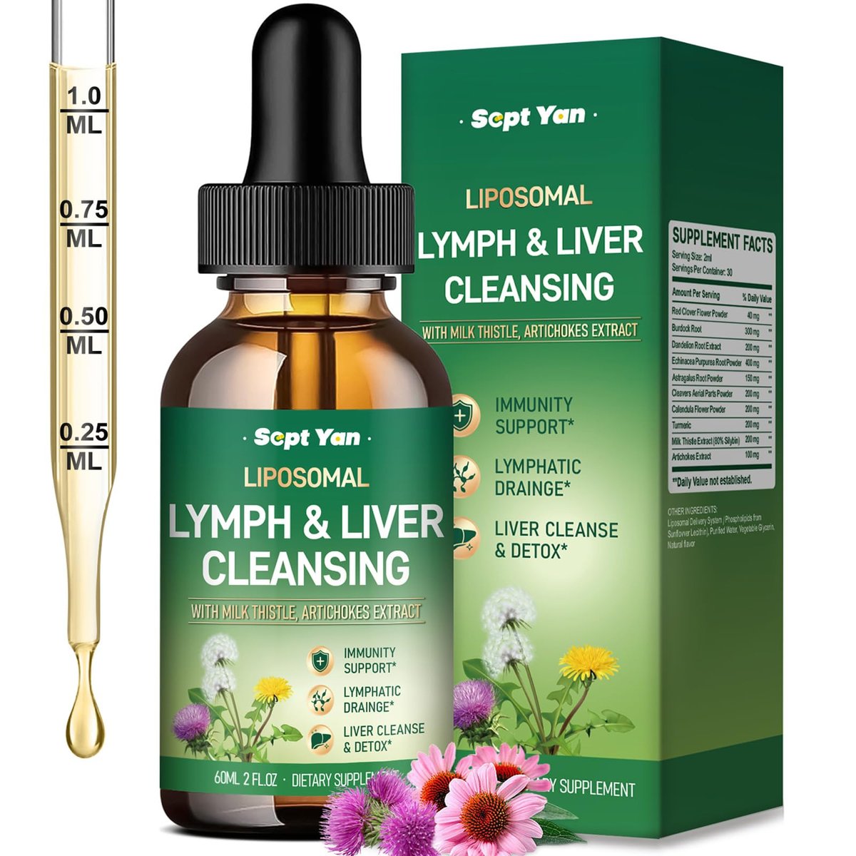 Liposomale Lymphdrainage-Tropfen – Lymphdrainage-Supplement mit Mariendistel, Klettenwurzel für Frauen & Männer | Unterstützt Leberreinigung, Entgiftung & Reparatur | Lymph- & Lebergesundheit | 60 ml
