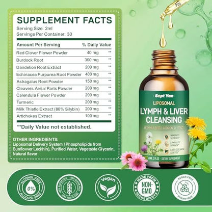 Liposomale Lymphdrainage-Tropfen – Lymphdrainage-Supplement mit Mariendistel, Klettenwurzel für Frauen & Männer | Unterstützt Leberreinigung, Entgiftung & Reparatur | Lymph- & Lebergesundheit | 60 ml