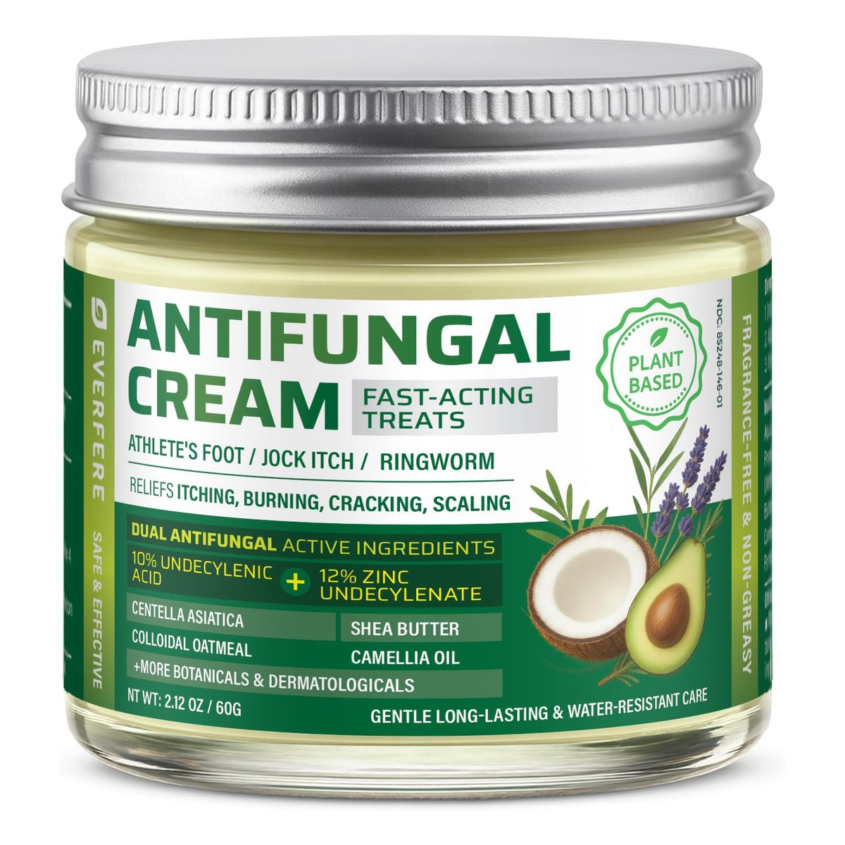 EVERFERE 22 % Undecylenate Complex Antifungal Creme: Behandelt Fußpilz, Jock Itch & Ringelflechte, Lindert Juckreiz, Brennen, Schuppen & Risse - Pilzcreme für empfindliche Haut, 60 g Glas