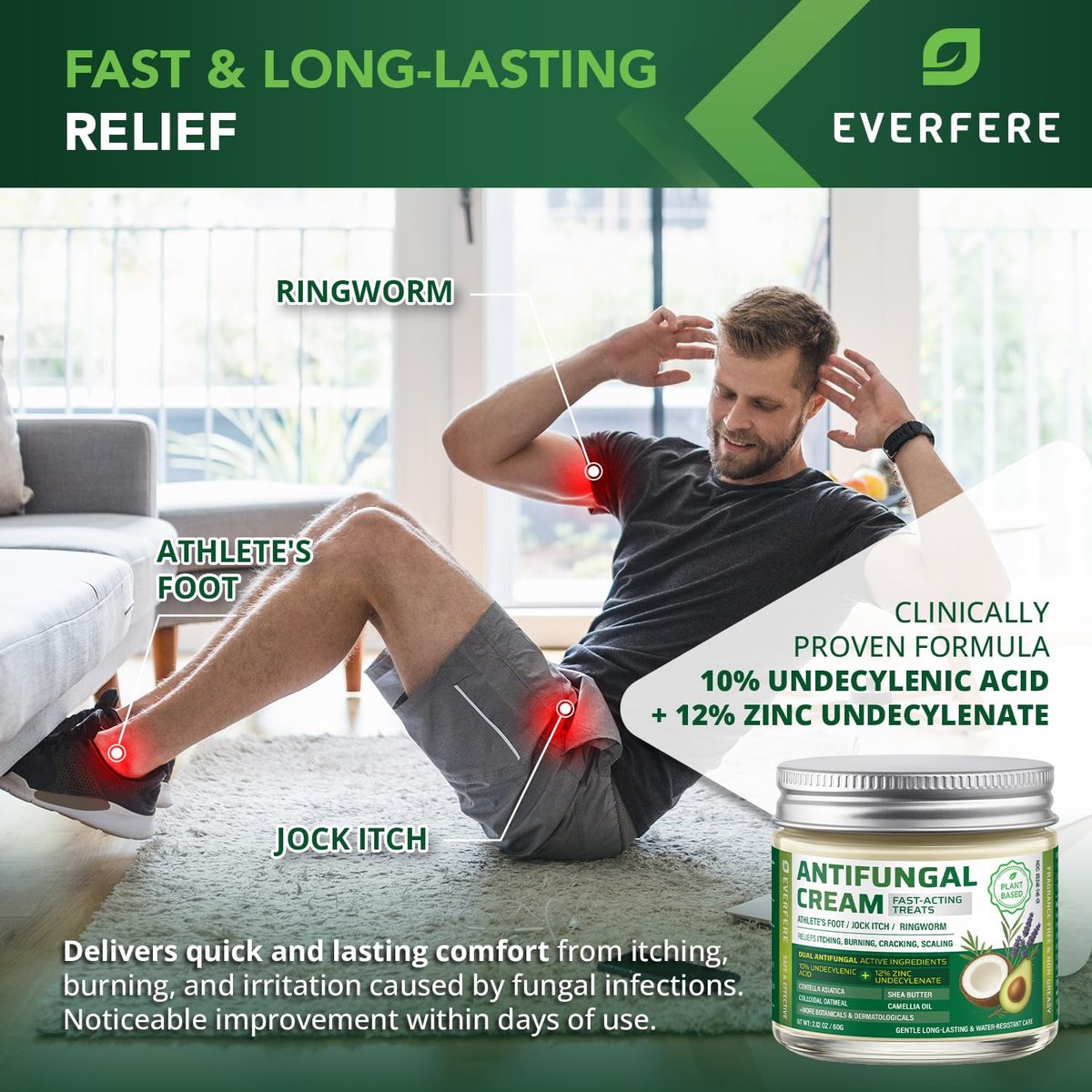EVERFERE 22 % Undecylenate Complex Antifungal Creme: Behandelt Fußpilz, Jock Itch & Ringelflechte, Lindert Juckreiz, Brennen, Schuppen & Risse - Pilzcreme für empfindliche Haut, 60 g Glas