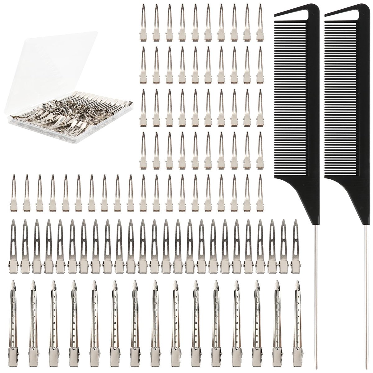 100 Stück silberne Metall-Alligatorklammern in 3 Größen, Haarklammern, Curling-Clips, DIY-Zubehör, inklusive 2 Verteil-Kämmen für Zöpfe, Färben und Stylen