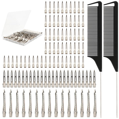 100 Stück silberne Metall-Alligatorklammern in 3 Größen, Haarklammern, Curling-Clips, DIY-Zubehör, inklusive 2 Verteil-Kämmen für Zöpfe, Färben und Stylen