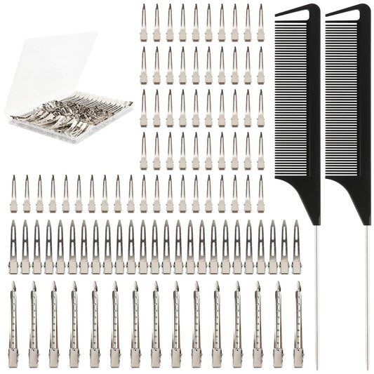 100 Stück silberne Metall-Alligatorklammern in 3 Größen, Haarklammern, Curling-Clips, DIY-Zubehör, inklusive 2 Verteil-Kämmen für Zöpfe, Färben und Stylen