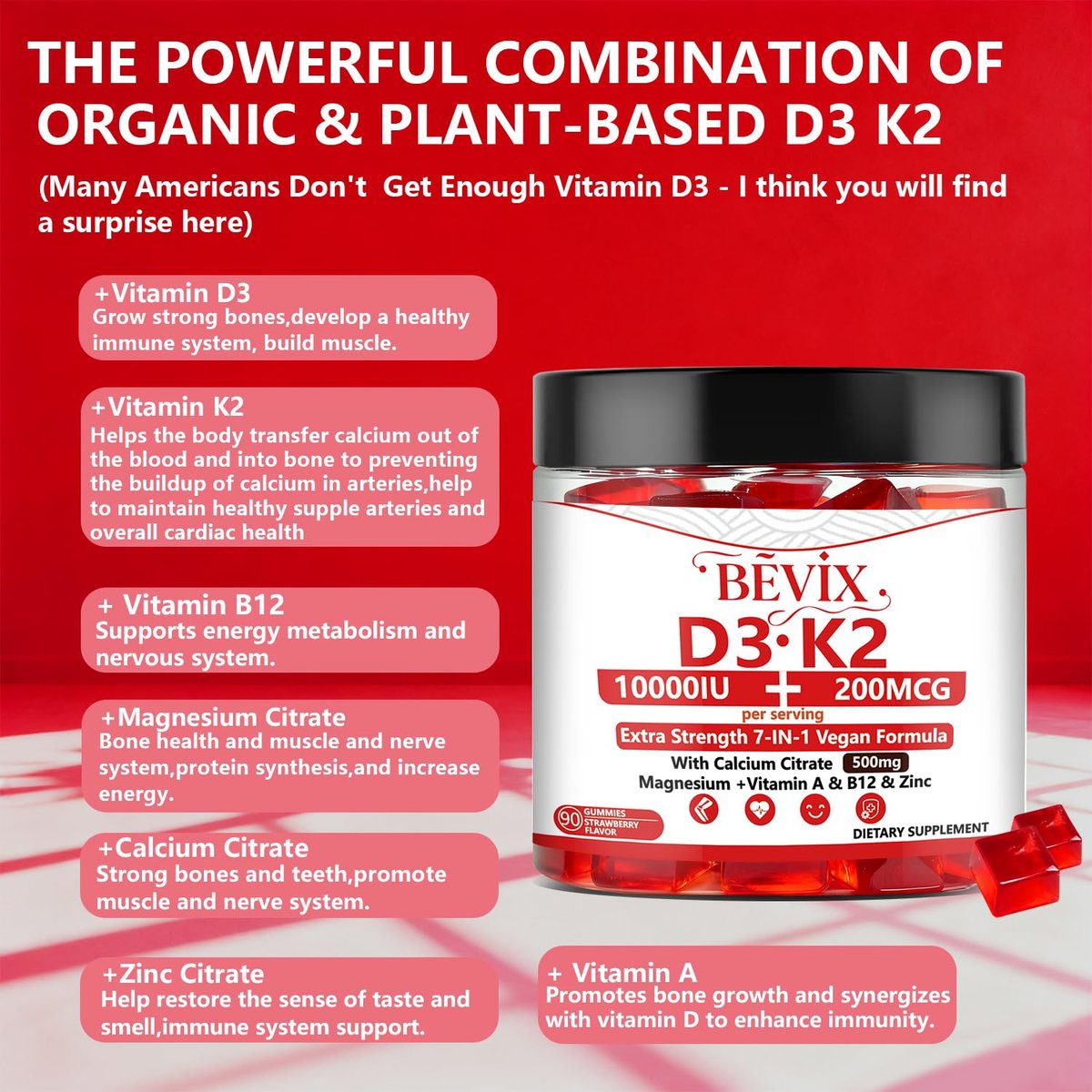 BEVIX Vitamin D3 K2 Gummies – Zuckerfrei, Vegan, Extra Stark, mit Calcium, Magnesium, Zink – Für Immunsystem, Knochen, Zähne, Herz – Für Erwachsene – Non-GMO, Glutenfrei, Gelatinefrei – 90 Gummis