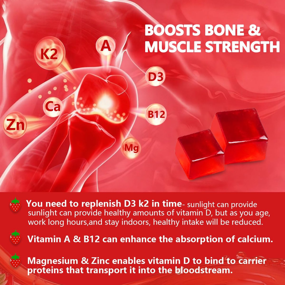 BEVIX Vitamin D3 K2 Gummies – Zuckerfrei, Vegan, Extra Stark, mit Calcium, Magnesium, Zink – Für Immunsystem, Knochen, Zähne, Herz – Für Erwachsene – Non-GMO, Glutenfrei, Gelatinefrei – 90 Gummis