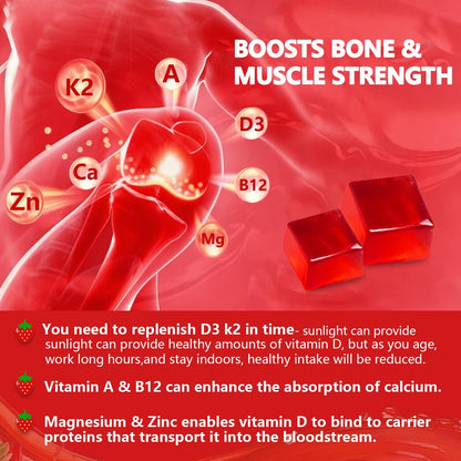 BEVIX Vitamin D3 K2 Gummies – Zuckerfrei, Vegan, Extra Stark, mit Calcium, Magnesium, Zink – Für Immunsystem, Knochen, Zähne, Herz – Für Erwachsene – Non-GMO, Glutenfrei, Gelatinefrei – 90 Gummis