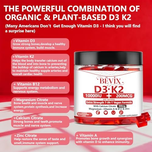 BEVIX Vitamin D3 K2 Gummies – Zuckerfrei, Vegan, Extra Stark, mit Calcium, Magnesium, Zink – Für Immunsystem, Knochen, Zähne, Herz – Für Erwachsene – Non-GMO, Glutenfrei, Gelatinefrei – 90 Gummis