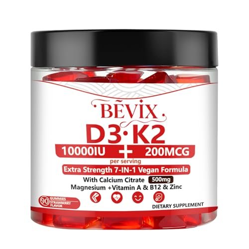 BEVIX Vitamin D3 K2 Gummies – Zuckerfrei, Vegan, Extra Stark, mit Calcium, Magnesium, Zink – Für Immunsystem, Knochen, Zähne, Herz – Für Erwachsene – Non-GMO, Glutenfrei, Gelatinefrei – 90 Gummis