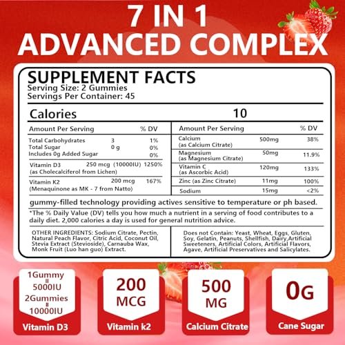 BEVIX Vitamin D3 K2 Gummies – Zuckerfrei, Vegan, Extra Stark, mit Calcium, Magnesium, Zink – Für Immunsystem, Knochen, Zähne, Herz – Für Erwachsene – Non-GMO, Glutenfrei, Gelatinefrei – 90 Gummis