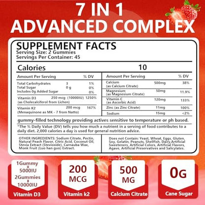 BEVIX Vitamin D3 K2 Gummies – Zuckerfrei, Vegan, Extra Stark, mit Calcium, Magnesium, Zink – Für Immunsystem, Knochen, Zähne, Herz – Für Erwachsene – Non-GMO, Glutenfrei, Gelatinefrei – 90 Gummis