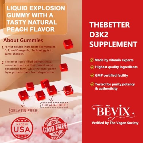 BEVIX Vitamin D3 K2 Gummies – Zuckerfrei, Vegan, Extra Stark, mit Calcium, Magnesium, Zink – Für Immunsystem, Knochen, Zähne, Herz – Für Erwachsene – Non-GMO, Glutenfrei, Gelatinefrei – 90 Gummis