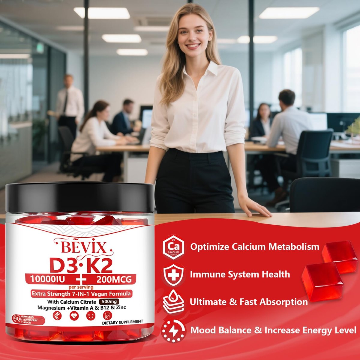 BEVIX Vitamin D3 K2 Gummies – Zuckerfrei, Vegan, Extra Stark, mit Calcium, Magnesium, Zink – Für Immunsystem, Knochen, Zähne, Herz – Für Erwachsene – Non-GMO, Glutenfrei, Gelatinefrei – 90 Gummis