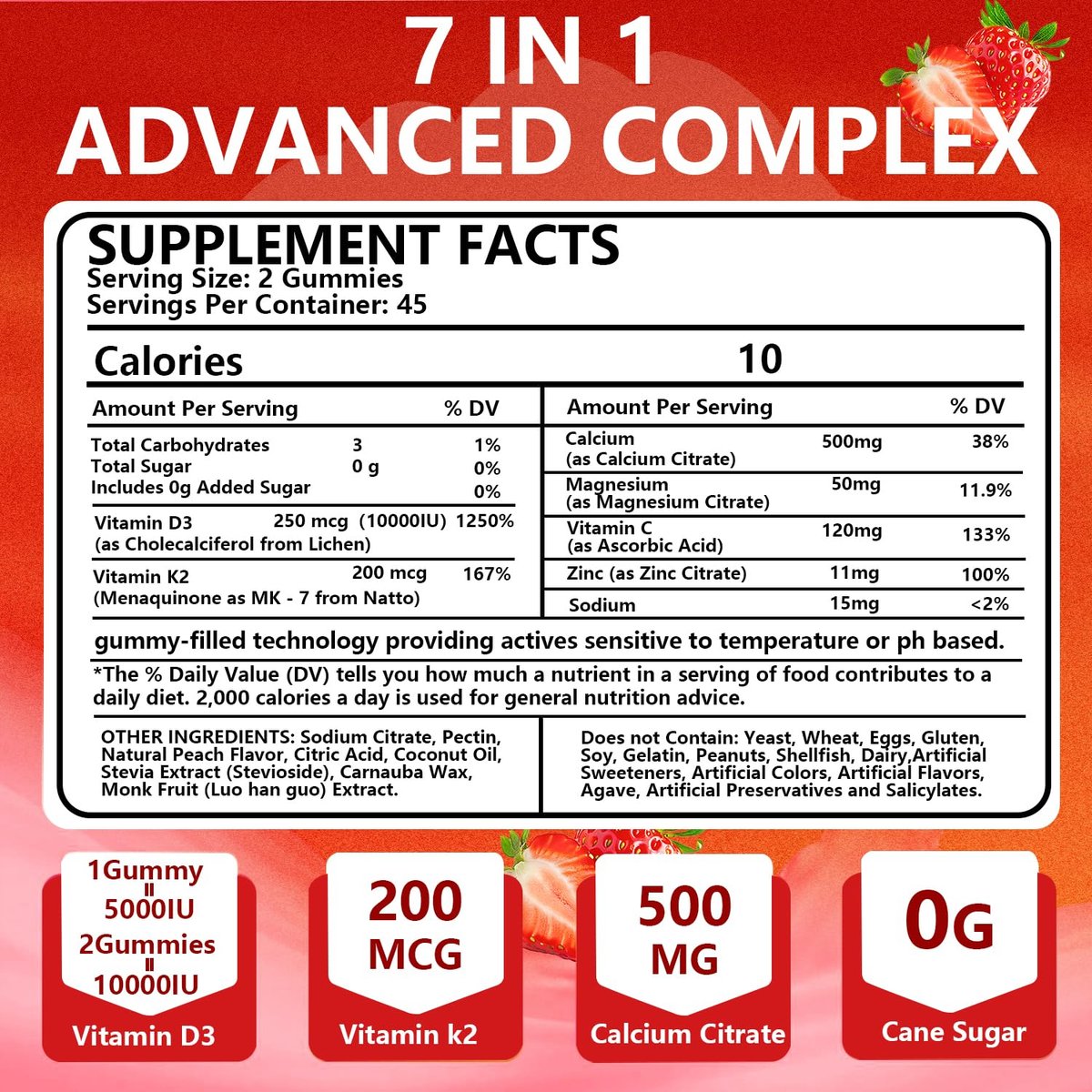 BEVIX Vitamin D3 K2 Gummies – Zuckerfrei, Vegan, Extra Stark, mit Calcium, Magnesium, Zink – Für Immunsystem, Knochen, Zähne, Herz – Für Erwachsene – Non-GMO, Glutenfrei, Gelatinefrei – 90 Gummis