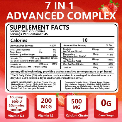 BEVIX Vitamin D3 K2 Gummies – Zuckerfrei, Vegan, Extra Stark, mit Calcium, Magnesium, Zink – Für Immunsystem, Knochen, Zähne, Herz – Für Erwachsene – Non-GMO, Glutenfrei, Gelatinefrei – 90 Gummis