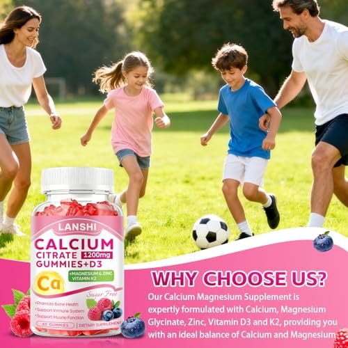 LANSHI Calcium Citrat Gummies 1200mg mit Vitamin D3 & K2 für Frauen & Männer – Hochabsorbierbare Calcium-Gummis plus Magnesium, Zink für starke Knochen & Immununterstützung, gemischter Beerengeschmack, 60 Stück