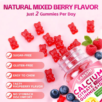 LANSHI Calcium Citrat Gummies 1200mg mit Vitamin D3 & K2 für Frauen & Männer – Hochabsorbierbare Calcium-Gummis plus Magnesium, Zink für starke Knochen & Immununterstützung, gemischter Beerengeschmack, 60 Stück
