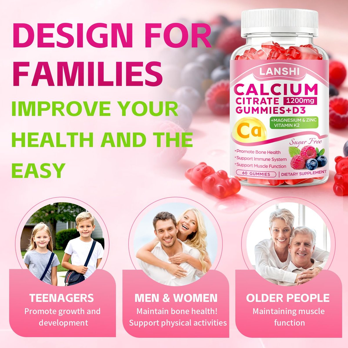 LANSHI Calcium Citrat Gummies 1200mg mit Vitamin D3 & K2 für Frauen & Männer – Hochabsorbierbare Calcium-Gummis plus Magnesium, Zink für starke Knochen & Immununterstützung, gemischter Beerengeschmack, 60 Stück