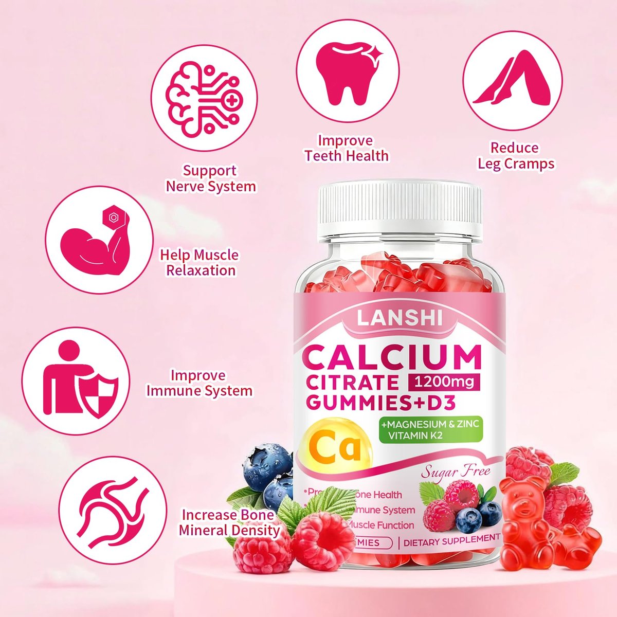 LANSHI Calcium Citrat Gummies 1200mg mit Vitamin D3 & K2 für Frauen & Männer – Hochabsorbierbare Calcium-Gummis plus Magnesium, Zink für starke Knochen & Immununterstützung, gemischter Beerengeschmack, 60 Stück