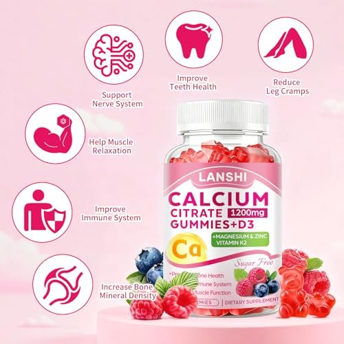 LANSHI Calcium Citrat Gummies 1200mg mit Vitamin D3 & K2 für Frauen & Männer – Hochabsorbierbare Calcium-Gummis plus Magnesium, Zink für starke Knochen & Immununterstützung, gemischter Beerengeschmack, 60 Stück