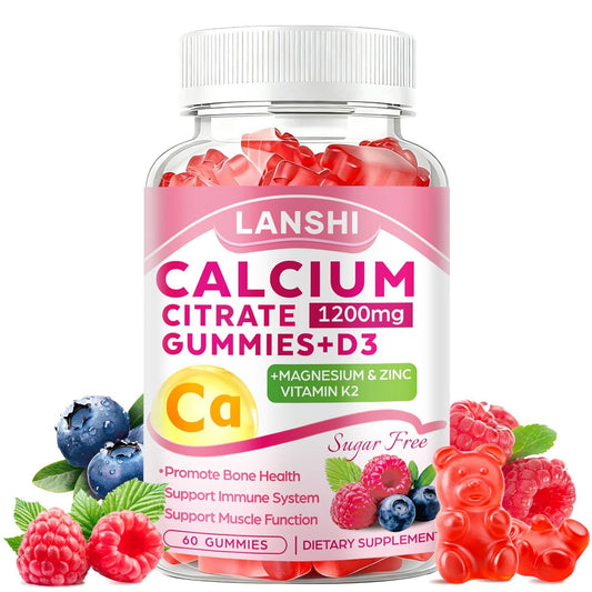 LANSHI Calcium Citrat Gummies 1200mg mit Vitamin D3 & K2 für Frauen & Männer – Hochabsorbierbare Calcium-Gummis plus Magnesium, Zink für starke Knochen & Immununterstützung, gemischter Beerengeschmack, 60 Stück