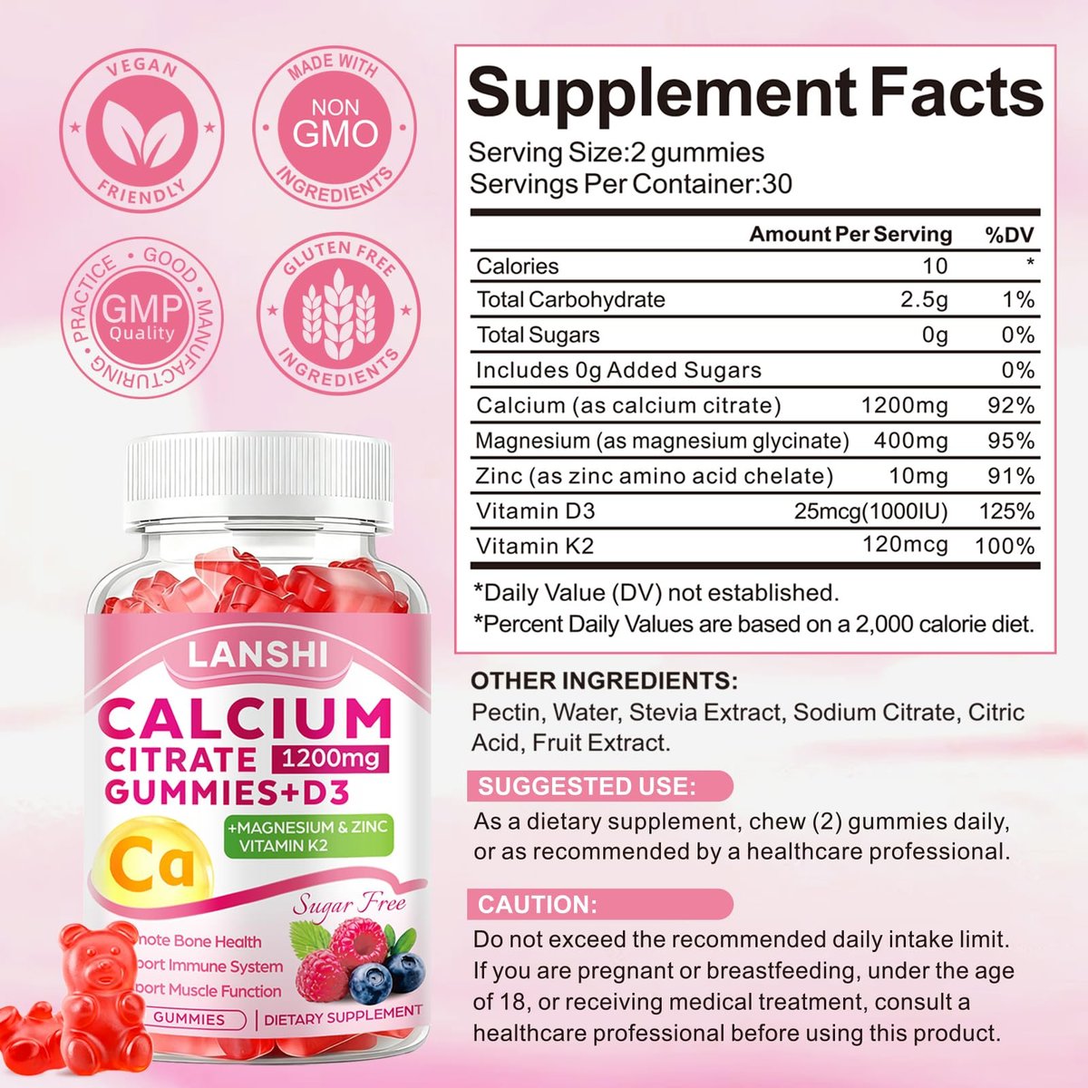 LANSHI Calcium Citrat Gummies 1200mg mit Vitamin D3 & K2 für Frauen & Männer – Hochabsorbierbare Calcium-Gummis plus Magnesium, Zink für starke Knochen & Immununterstützung, gemischter Beerengeschmack, 60 Stück
