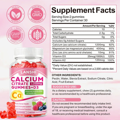 LANSHI Calcium Citrat Gummies 1200mg mit Vitamin D3 & K2 für Frauen & Männer – Hochabsorbierbare Calcium-Gummis plus Magnesium, Zink für starke Knochen & Immununterstützung, gemischter Beerengeschmack, 60 Stück