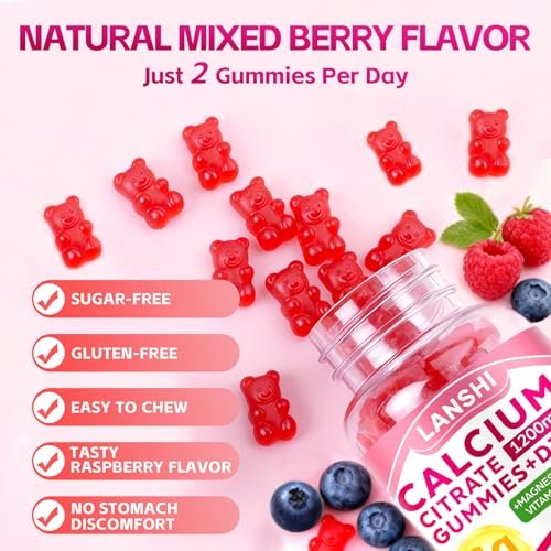 LANSHI Calcium Citrat Gummies 1200mg mit Vitamin D3 & K2 für Frauen & Männer – Hochabsorbierbare Calcium-Gummis plus Magnesium, Zink für starke Knochen & Immununterstützung, gemischter Beerengeschmack, 60 Stück