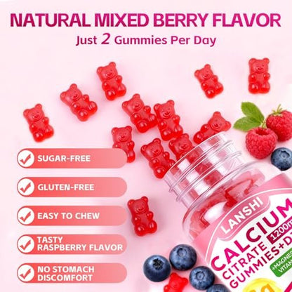 LANSHI Calcium Citrat Gummies 1200mg mit Vitamin D3 & K2 für Frauen & Männer – Hochabsorbierbare Calcium-Gummis plus Magnesium, Zink für starke Knochen & Immununterstützung, gemischter Beerengeschmack, 60 Stück