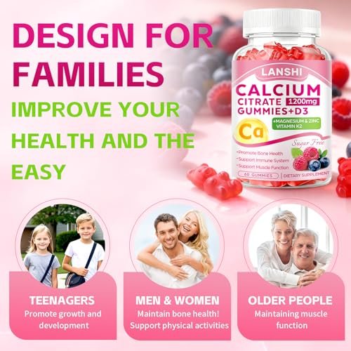 LANSHI Calcium Citrat Gummies 1200mg mit Vitamin D3 & K2 für Frauen & Männer – Hochabsorbierbare Calcium-Gummis plus Magnesium, Zink für starke Knochen & Immununterstützung, gemischter Beerengeschmack, 60 Stück