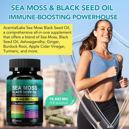 Sea Moss Black Seed Oil Ashwagandha Ginger Kapseln, Seamoss Kapseln mit Bladderwrack, Burdock & Vitamin C Vitamin D3 für Frauen & Männer – gestärkte Immunität, 60 Stück