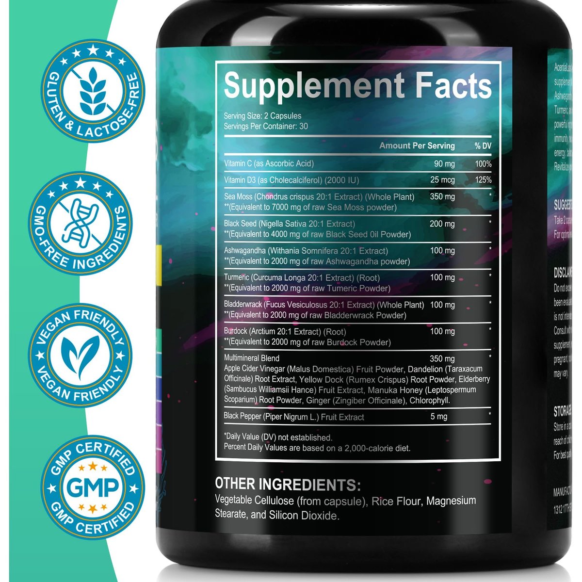 Sea Moss Black Seed Oil Ashwagandha Ginger Kapseln, Seamoss Kapseln mit Bladderwrack, Burdock & Vitamin C Vitamin D3 für Frauen & Männer – gestärkte Immunität, 60 Stück