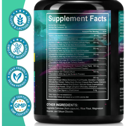 Sea Moss Black Seed Oil Ashwagandha Ginger Kapseln, Seamoss Kapseln mit Bladderwrack, Burdock & Vitamin C Vitamin D3 für Frauen & Männer – gestärkte Immunität, 60 Stück