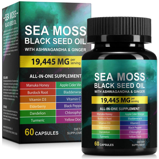 Sea Moss Black Seed Oil Ashwagandha Ginger Kapseln, Seamoss Kapseln mit Bladderwrack, Burdock & Vitamin C Vitamin D3 für Frauen & Männer – gestärkte Immunität, 60 Stück