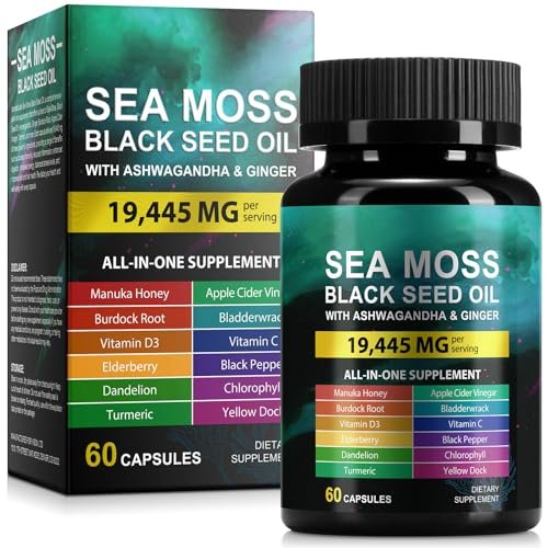 Sea Moss Black Seed Oil Ashwagandha Ginger Kapseln, Seamoss Kapseln mit Bladderwrack, Burdock & Vitamin C Vitamin D3 für Frauen & Männer – gestärkte Immunität, 60 Stück