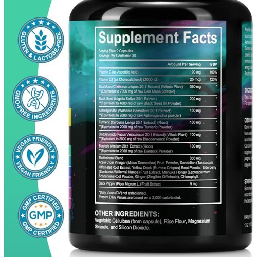 Sea Moss Black Seed Oil Ashwagandha Ginger Kapseln, Seamoss Kapseln mit Bladderwrack, Burdock & Vitamin C Vitamin D3 für Frauen & Männer – gestärkte Immunität, 60 Stück