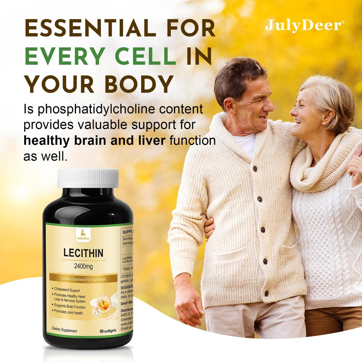JulyDeer Sonnenblumen-Lecithin 2400 mg, 90 Softgel-Kapseln – Reich an Phosphatidylcholin, Nicht-GVO, Sojafrei, Glutenfrei – Nahrungsergänzungsmittel zur Unterstützung des Nervensystems