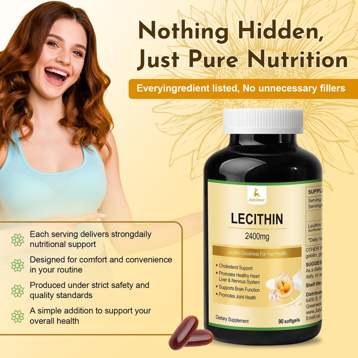 JulyDeer Sonnenblumen-Lecithin 2400 mg, 90 Softgel-Kapseln – Reich an Phosphatidylcholin, Nicht-GVO, Sojafrei, Glutenfrei – Nahrungsergänzungsmittel zur Unterstützung des Nervensystems