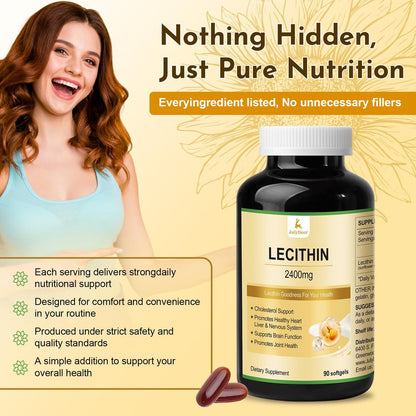 JulyDeer Sonnenblumen-Lecithin 2400 mg, 90 Softgel-Kapseln – Reich an Phosphatidylcholin, Nicht-GVO, Sojafrei, Glutenfrei – Nahrungsergänzungsmittel zur Unterstützung des Nervensystems