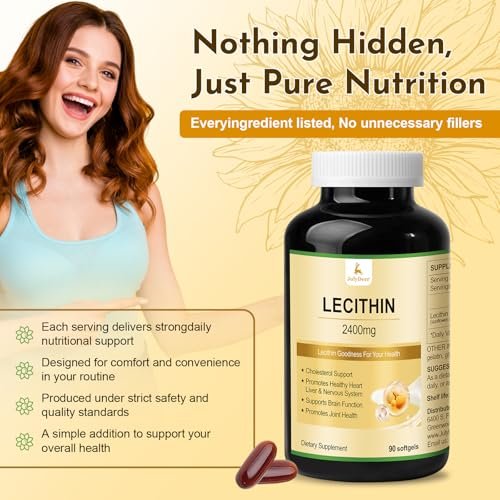 JulyDeer Sonnenblumen-Lecithin 2400 mg, 90 Softgel-Kapseln – Reich an Phosphatidylcholin, Nicht-GVO, Sojafrei, Glutenfrei – Nahrungsergänzungsmittel zur Unterstützung des Nervensystems