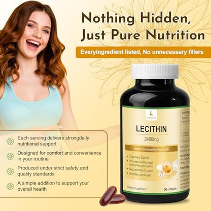 JulyDeer Sonnenblumen-Lecithin 2400 mg, 90 Softgel-Kapseln – Reich an Phosphatidylcholin, Nicht-GVO, Sojafrei, Glutenfrei – Nahrungsergänzungsmittel zur Unterstützung des Nervensystems