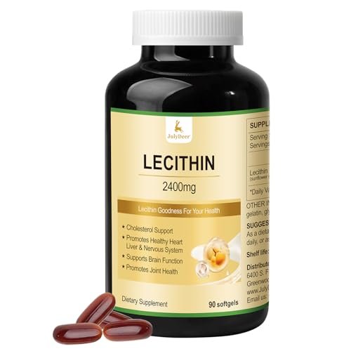 JulyDeer Sonnenblumen-Lecithin 2400 mg, 90 Softgel-Kapseln – Reich an Phosphatidylcholin, Nicht-GVO, Sojafrei, Glutenfrei – Nahrungsergänzungsmittel zur Unterstützung des Nervensystems