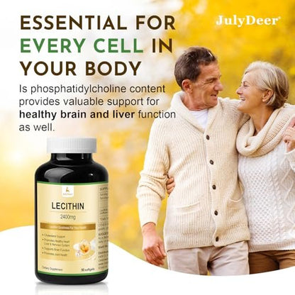 JulyDeer Sonnenblumen-Lecithin 2400 mg, 90 Softgel-Kapseln – Reich an Phosphatidylcholin, Nicht-GVO, Sojafrei, Glutenfrei – Nahrungsergänzungsmittel zur Unterstützung des Nervensystems