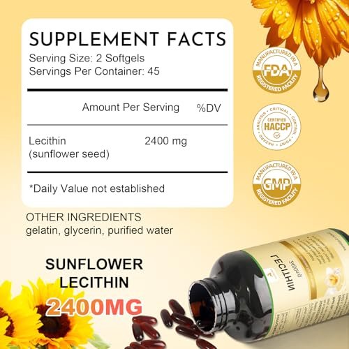 JulyDeer Sonnenblumen-Lecithin 2400 mg, 90 Softgel-Kapseln – Reich an Phosphatidylcholin, Nicht-GVO, Sojafrei, Glutenfrei – Nahrungsergänzungsmittel zur Unterstützung des Nervensystems