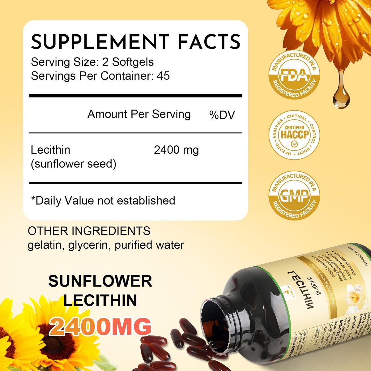JulyDeer Sonnenblumen-Lecithin 2400 mg, 90 Softgel-Kapseln – Reich an Phosphatidylcholin, Nicht-GVO, Sojafrei, Glutenfrei – Nahrungsergänzungsmittel zur Unterstützung des Nervensystems