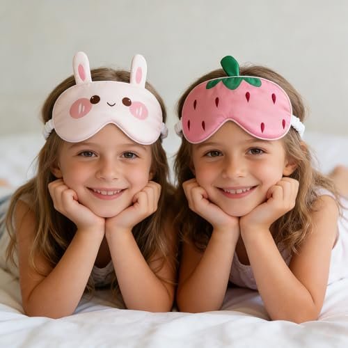 Orose Kinder Schlafmaske aus Maulbeerseide – Beidseitig bedruckt, Verstellbar, Original Design für Jungen & Mädchen – Cartoon Motiv (Erdbeere)