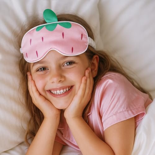 Orose Kinder Schlafmaske aus Maulbeerseide – Beidseitig bedruckt, Verstellbar, Original Design für Jungen & Mädchen – Cartoon Motiv (Erdbeere)