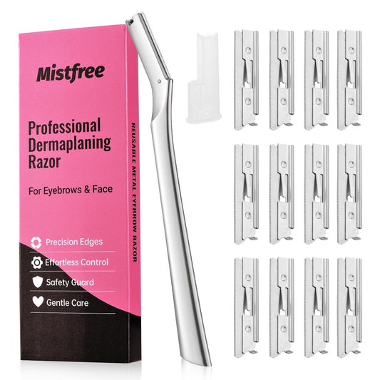 Mistfree Dermaplane-Rasierer für Frauen Gesicht, Augenbrauenrasierer für Frauen & Männer, Professionelles Metall-Dermaplaning-Werkzeug mit 12 Nachfüllklingen, Wiederverwendbarer Gesichtsrasierer für Peeling & Pfirsichflaum-Entfernung