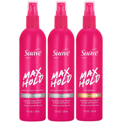 Suave Haarlack, Nicht-Aerosol, Maximaler Halt Bundle – Duftloser 2er-Pack + Duftende Haarsprayflaschen, 11 Unzen (3er-Set)
