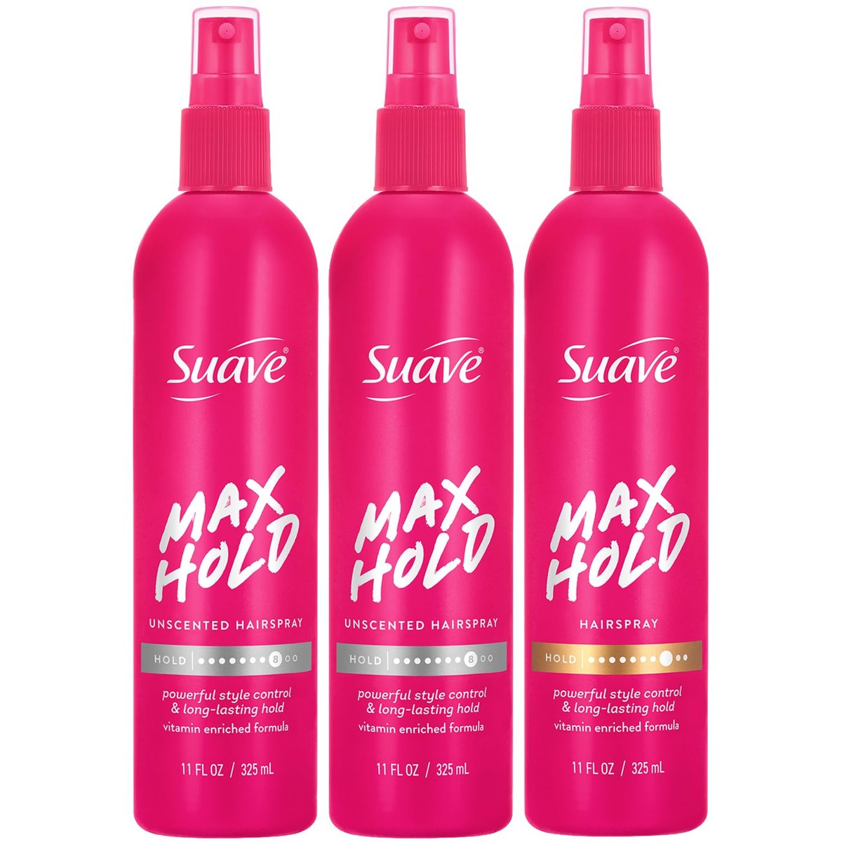 Suave Haarlack, Nicht-Aerosol, Maximaler Halt Bundle – Duftloser 2er-Pack + Duftende Haarsprayflaschen, 11 Unzen (3er-Set)